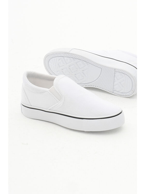 Çocuk Unisex Beyaz Kauçuk Taban Keten Lastikli Spor Ayakkabı - Görsel 5