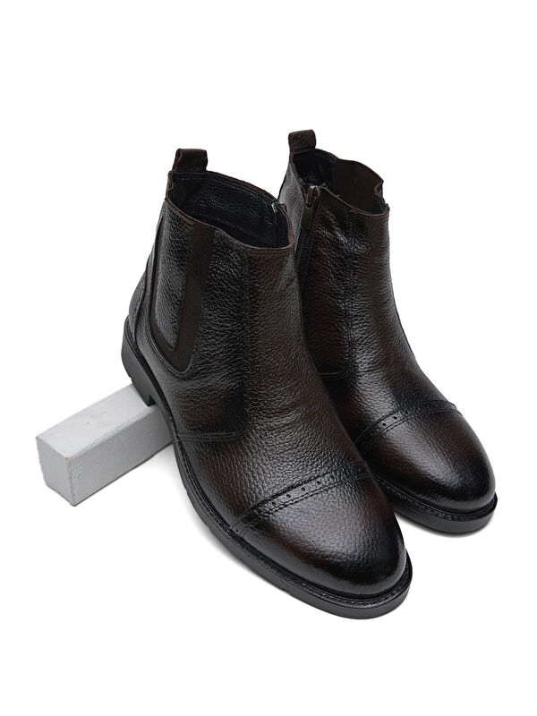 Erkek Kahve Rahat Kalıp Desenli Hakiki Deri Lastikli ve Fermuarlı Bot - Görsel 5