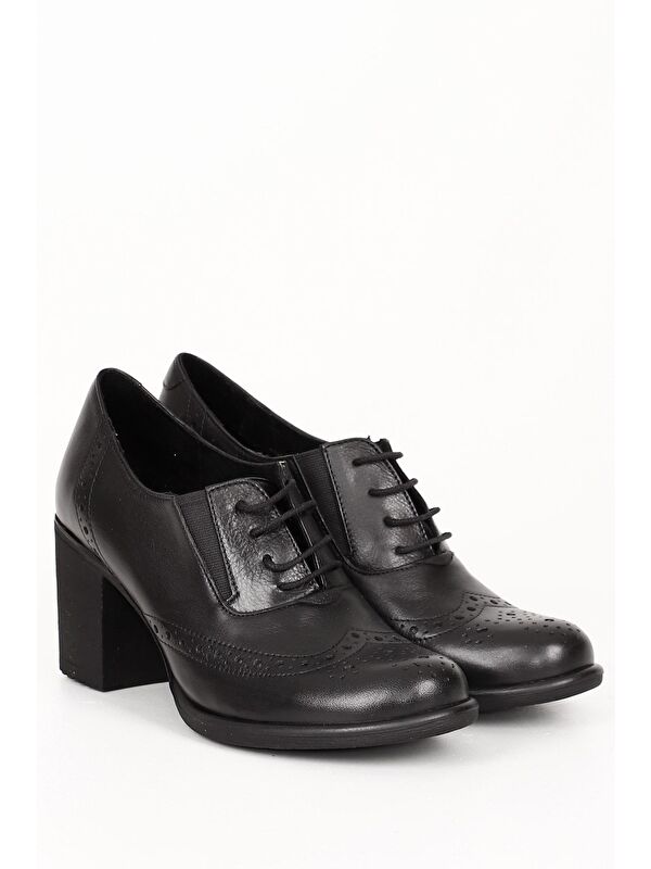 SİYAH Hakiki Deri Yuvarlak Burun Kalın Orta Topuklu Kauçuk Taban Bağcıklı Kadın Ayakkabı 24040 - Görsel 3