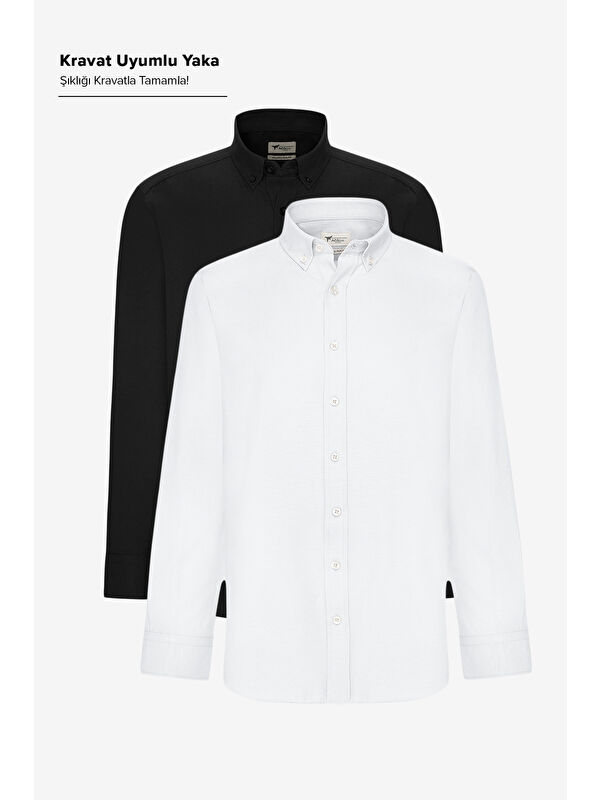 AC&Co / Altınyıldız Classics Erkek Siyah-Beyaz 2'li Pamuklu Kolay Ütülenebilir Slim Fit Dar Kesim Oxford Gömlek Paketi