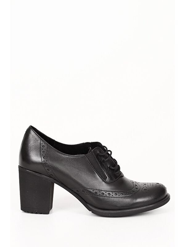 SİYAH Hakiki Deri Yuvarlak Burun Kalın Orta Topuklu Kauçuk Taban Bağcıklı Kadın Ayakkabı 24040 - Görsel 5