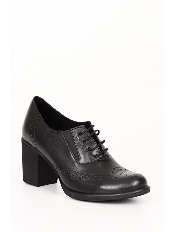 SİYAH Hakiki Deri Yuvarlak Burun Kalın Orta Topuklu Kauçuk Taban Bağcıklı Kadın Ayakkabı 24040 - Görsel 6