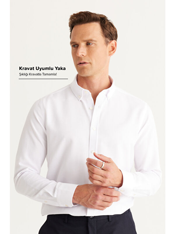 AC&Co / Altınyıldız Classics Erkek Beyaz Tailored Slim Fit Dar Kesim Düğmeli Yaka Oxford Gömlek