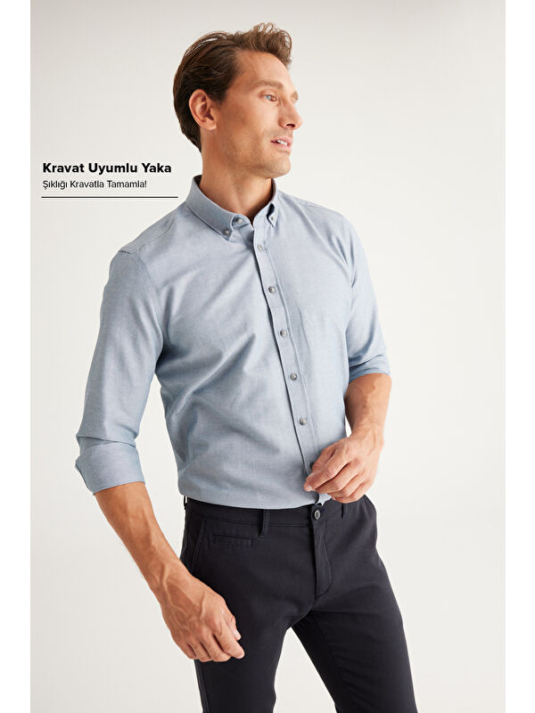 AC&Co / Altınyıldız Classics Erkek Gri Tailored Slim Fit Dar Kesim Düğmeli Yaka Oxford Gömlek