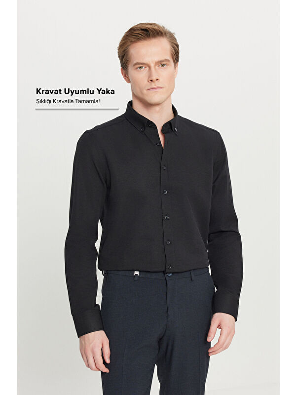 AC&Co / Altınyıldız Classics Erkek Siyah Tailored Slim Fit Dar Kesim Düğmeli Yaka Oxford Gömlek