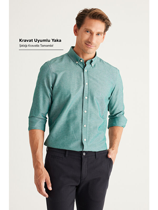 AC&Co / Altınyıldız Classics Erkek Yeşil Tailored Slim Fit Dar Kesim Düğmeli Yaka Oxford Gömlek