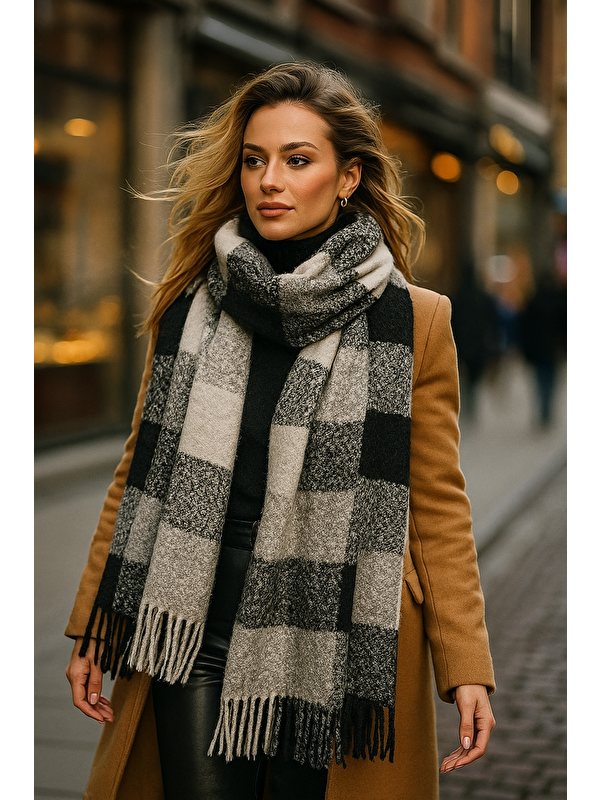 Luminos Butik Kadın Siyah Kalın Buklet Şal Atkı 44x195 cm SAL1283