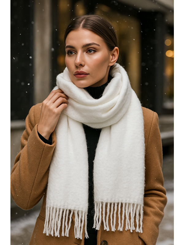Luminos Butik Kadın Ekru Püsküllü Buklet Atkı Şal SAL1257 40x210cm
