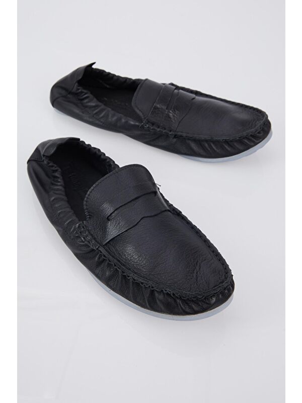 Erkek Siyah Arkası Lastikli Rahat Kalıp Hakiki Deri Loafer - Görsel 3