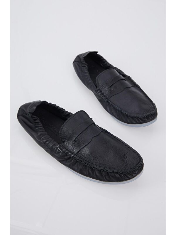 Erkek Siyah Arkası Lastikli Rahat Kalıp Hakiki Deri Loafer - Görsel 4
