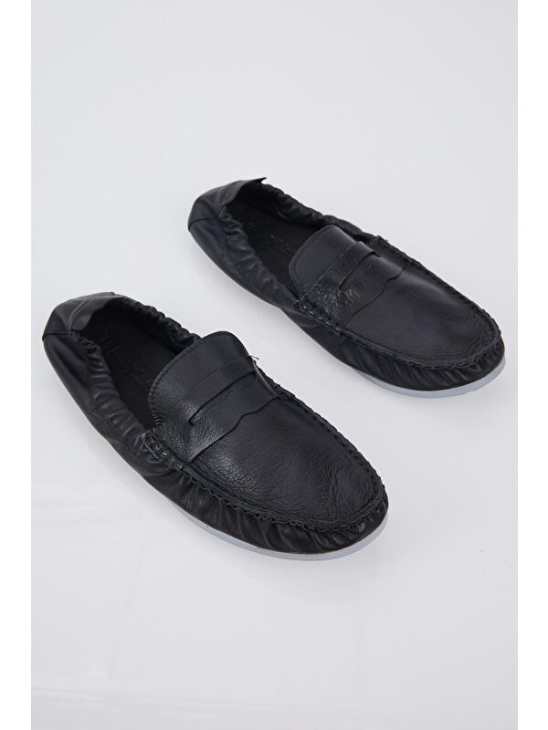 Erkek Siyah Arkası Lastikli Rahat Kalıp Hakiki Deri Loafer - Görsel 5