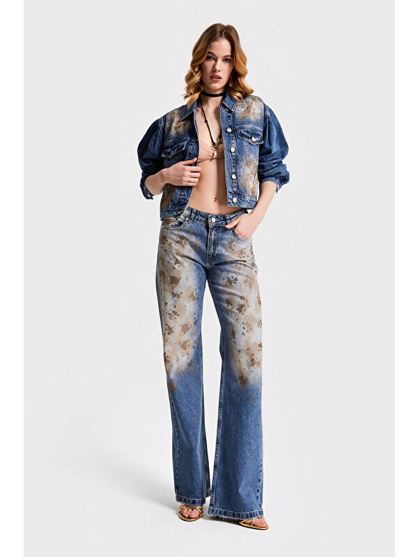 It's Basic Kadın T.Kot Rengi 4S568 Parlak Taşlı Tasarım Baggy Flare Fit Denim Jean
