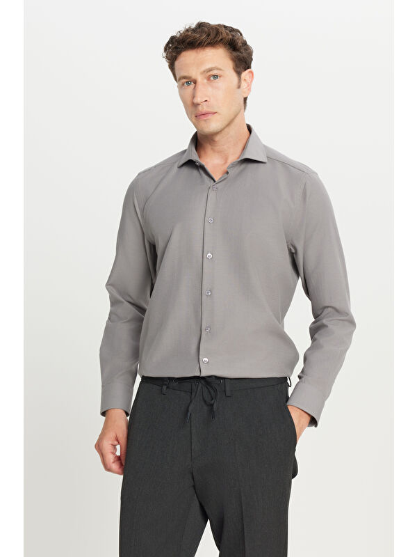 AC&Co / Altınyıldız Classics Erkek Gri Tailored Slim Fit Dar Kesim Küçük İtalyan Yaka Armürlü Oxford Gömlek