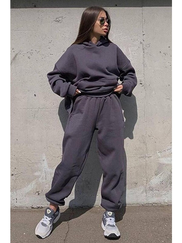 Madmext Füme Kapüşonlu Oversize Kadın Eşofman Takımı Mg1609