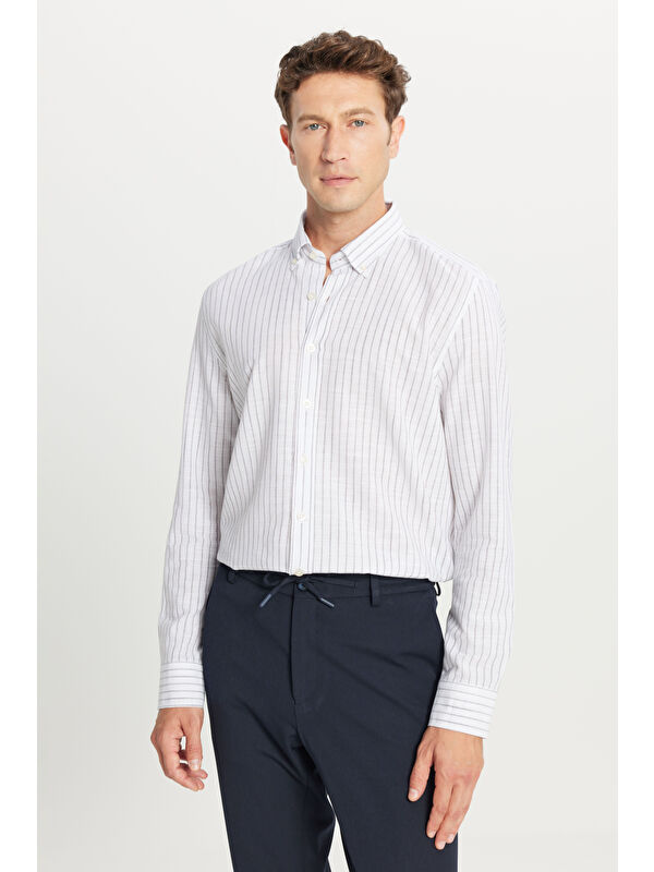 AC&Co / Altınyıldız Classics Erkek Gri %100 Pamuk Slim Fit Dar Kesim Düğmeli Gömlek Yaka Armürlü Gömlek