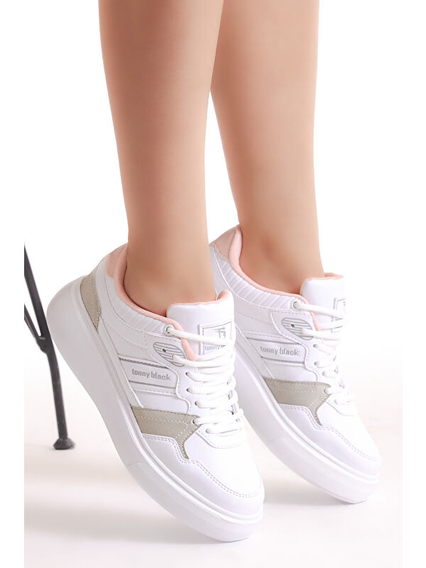 Kadın Beyaz Gri Yüksek Poli Taban Yanı Şeritli Bağcıklı Spor Ayakkabı - Görsel 4