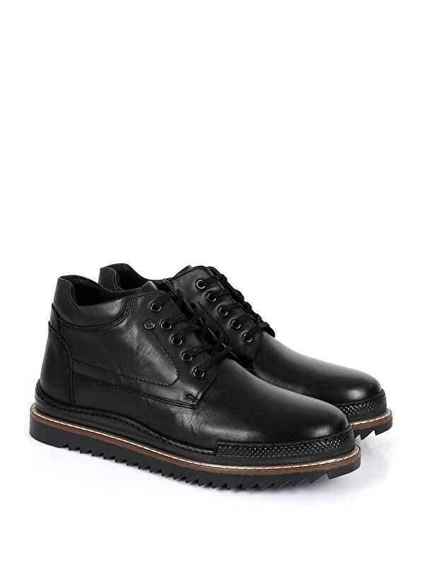 SİYAH Hakiki Deri Yuvarlak Burun Termo Taban Bağcıklı Fermuarlı Günlük Erkek Bot 05203 - Görsel 3