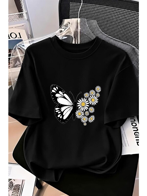Oksit Papatya Kanatlı Kelebek Baskılı Oversize Kadın T-Shirt