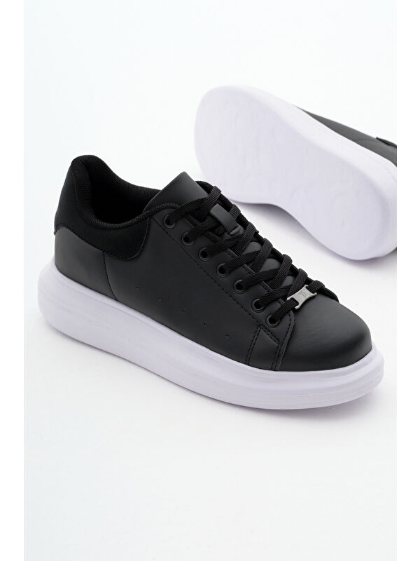 Unisex Siyah Beyaz Rahat Kalıp Yüksek Taban Bağcıklı Spor Ayakkabı - Görsel 5