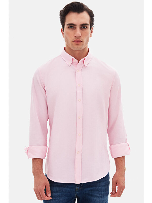 D'S damat Slim Fit Pembe Armürlü Düğmeli Yaka Pamuklu Gömlek