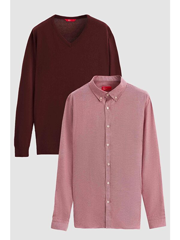D'S damat Slim Fit Bordo Pamuk Karışımlı 2'Li V Yaka Triko Ve Gömlek