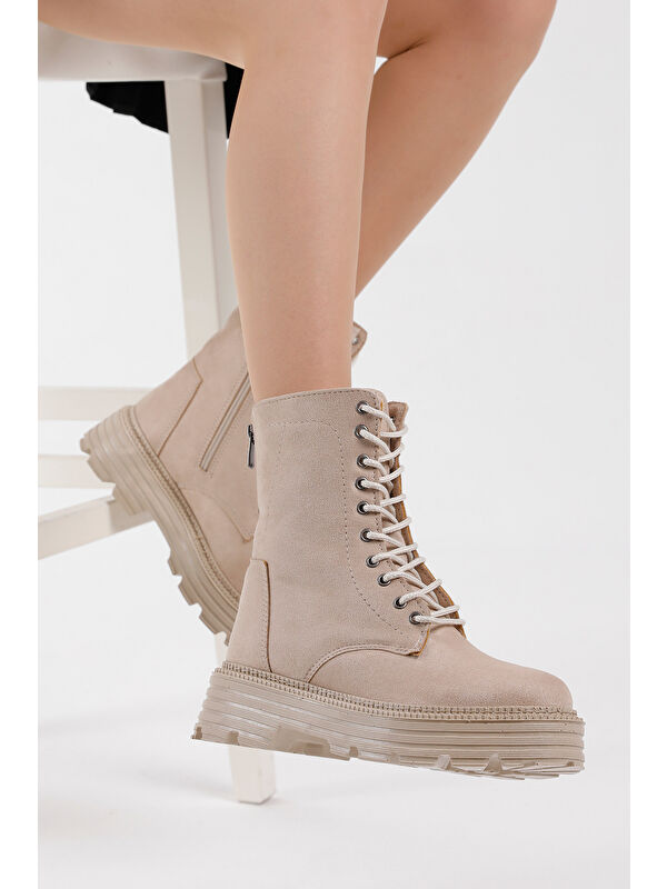 Kadın Krem Süet Poli Taban Arkası Fermuar Detaylı Bağcıklı ve Fermuarlı Bot - Görsel 4