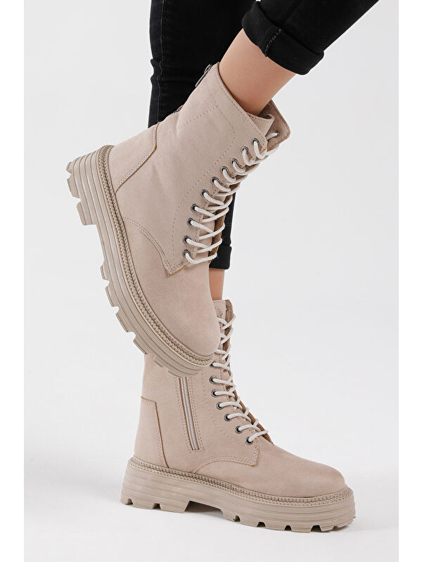 Kadın Krem Süet Poli Taban Arkası Fermuar Detaylı Bağcıklı ve Fermuarlı Bot - Görsel 6
