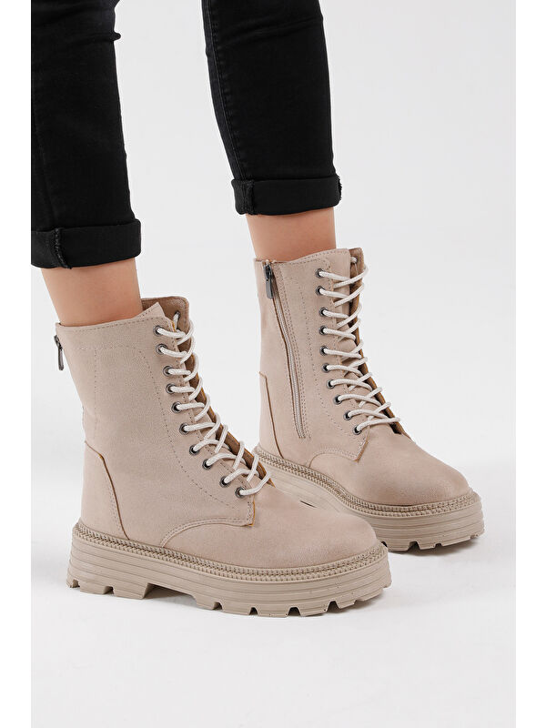 Kadın Krem Süet Poli Taban Arkası Fermuar Detaylı Bağcıklı ve Fermuarlı Bot - Görsel 7