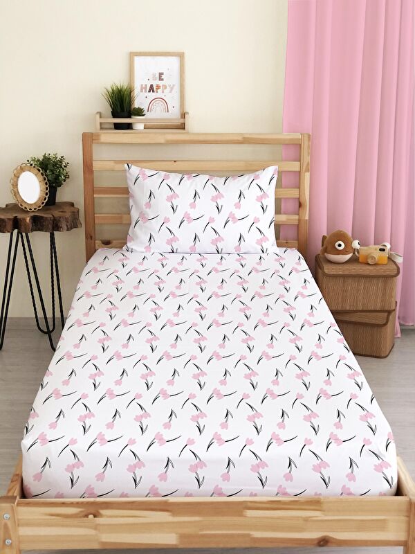 Evmila Pembe Tüy Desen Baskılı Tek Kişilik Lastikli Çarşaf Seti Beyaz 100x200 cm