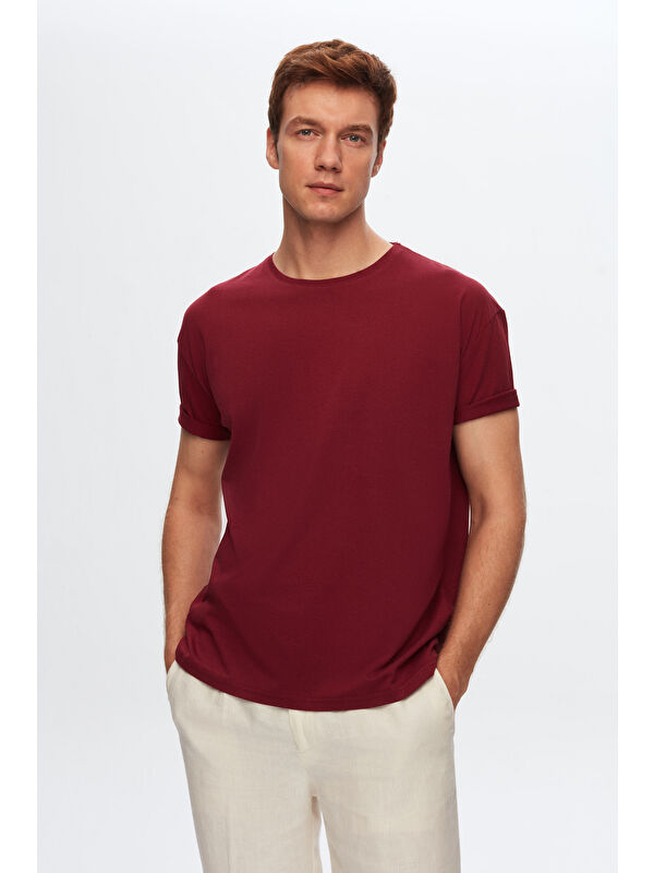 D'S damat Oversize Bordo Bisiklet Yaka %100 Pamuk Tişört