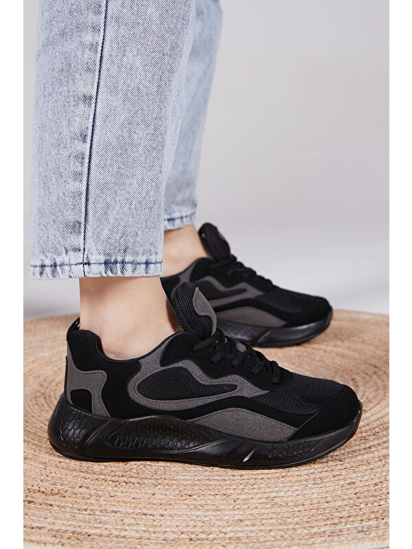 Unisex Siyah Rahat Kalıp Yüksek Taban Bağcıklı Spor Ayakkabı - Görsel 5