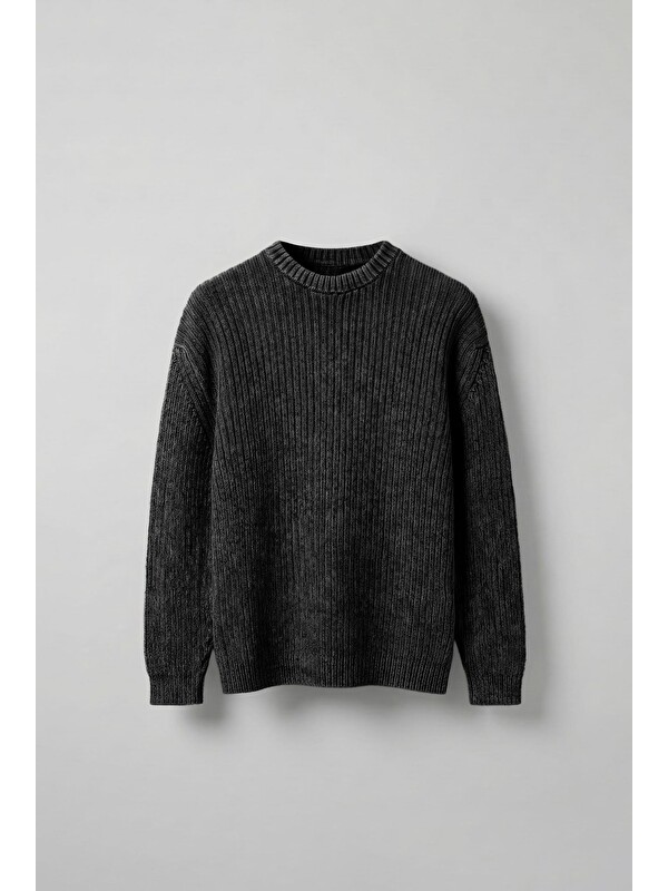Abluka Online Erkek Oversize Yıkamalı Efektli Basic Kazak Siyah