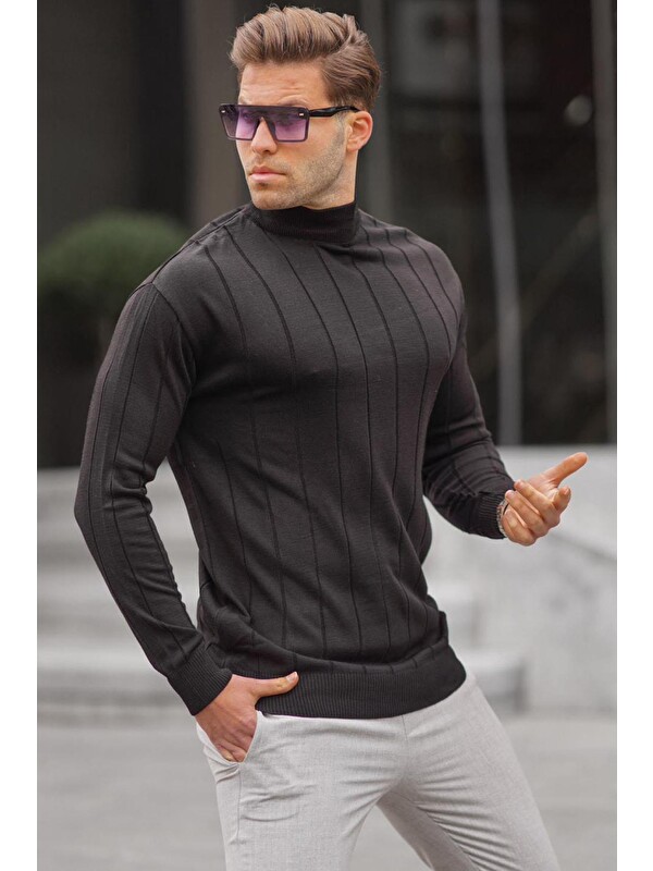 Madmext Siyah Slim Fit Yarım Balıkçı Yaka Çizgili Tüylenmeyen Erkek Triko Kazak 6344