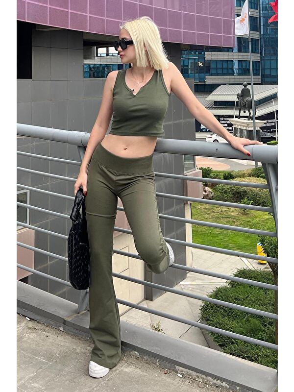Madmext Haki Beli Fitilli Yüksek Bel İspanyol Paça Pantolon Mg2096