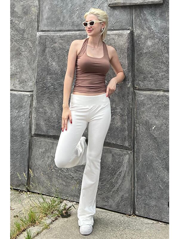 Madmext Ekru Beli Fitilli Yüksek Bel İspanyol Paça Pantolon Mg2096