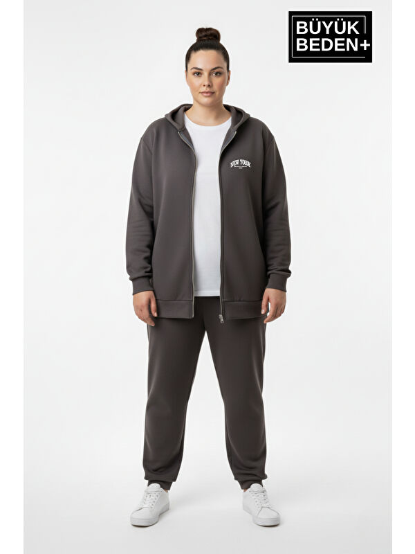 Süperlife Kadın Büyük Beden Fermuarlı Kapüşonlu New York Baskılı ince Sweatshirt Hırka SPR26BHR923