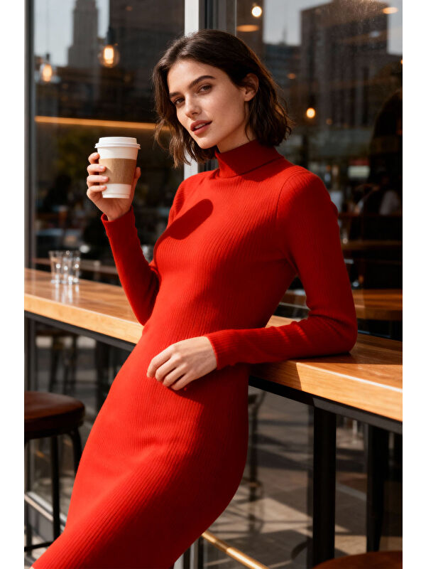 Tommylife Kırmızı Kaşkorse Triko Dar Kalıp Balıkçı Yaka Kadın Elbise - 97117