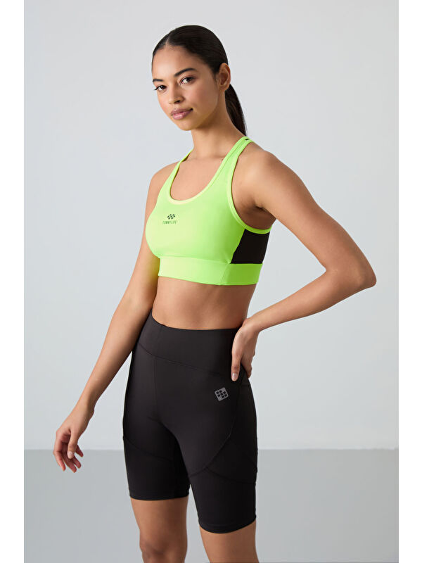 Tommylife Neon Sarı Çapraz Sırt Detaylı Slim Fit U Yaka Pedli Kadın Spor Büstiyer - 97121