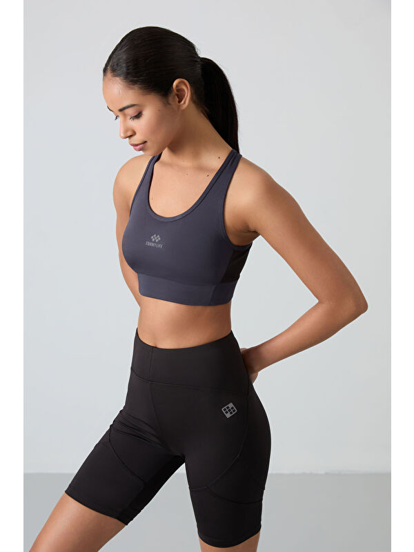 Tommylife Antrasit Çapraz Sırt Detaylı Slim Fit U Yaka Pedli Kadın Spor Büstiyer - 97121