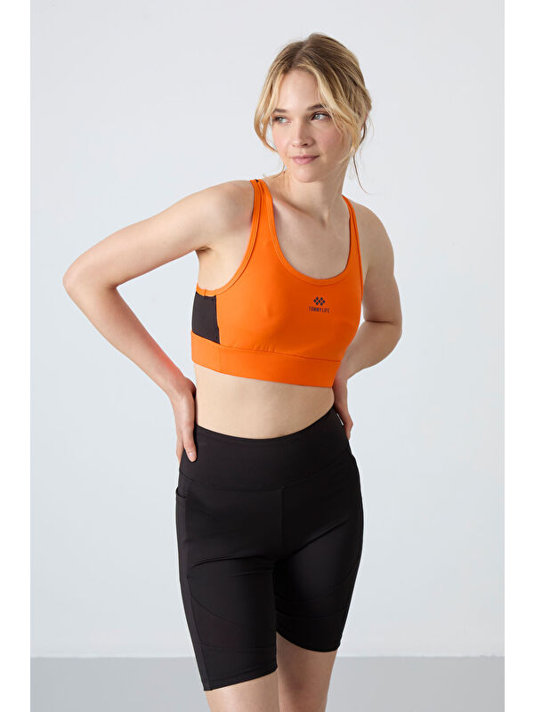 Tommylife Neon Oranj Çapraz Sırt Detaylı Slim Fit U Yaka Pedli Kadın Spor Büstiyer - 97121