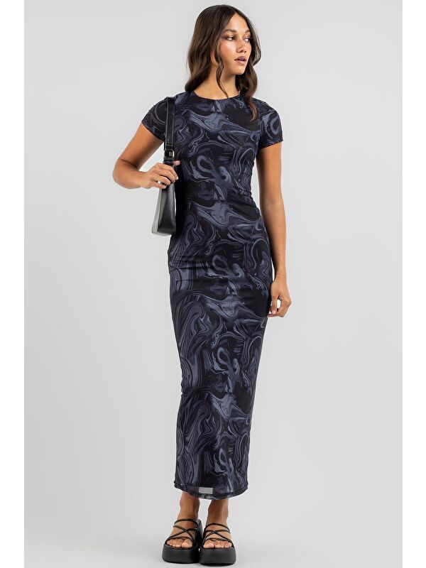 Madmext Lacivert Batik Desen Uzun Elbise Mg1849
