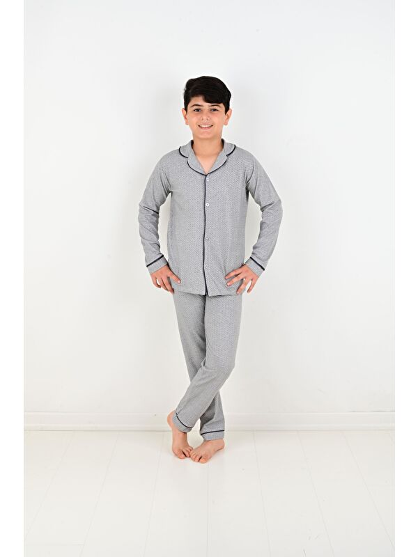Vitmo Erkek Çocuk Uzun Kollu %100 Pamuklu Düğmeli Pijama Takımı Mini Kare