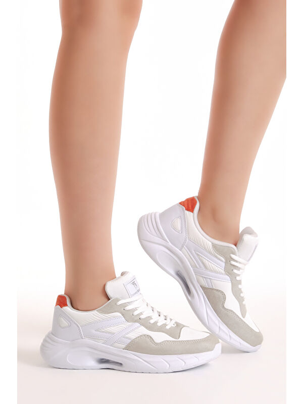 Kadın Beyaz Gri Faylon Taban Şeritli Bağcıklı Spor Ayakkabı - Görsel 4