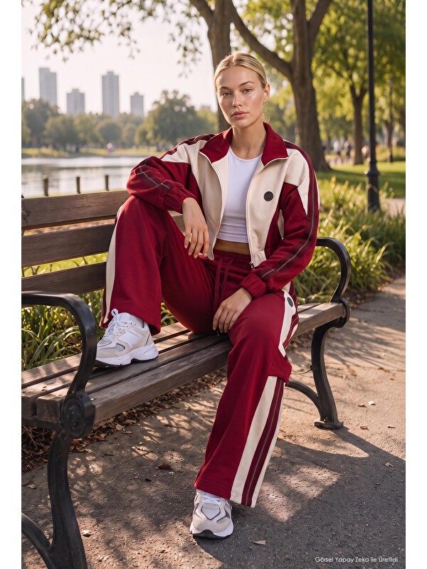 It's Basic Kadın Bordo Bej w6-35 Crop Sweatshirt Eşofman Pantolon 2'li Tasarım Takım