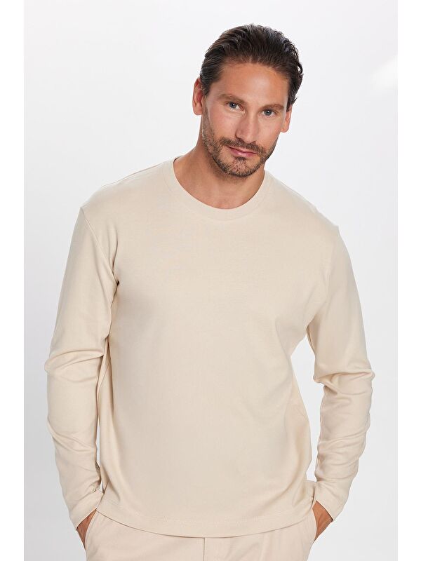 TUDORS Unisex Relax Fit Rahat Kesim %100 Pamuk Bisiklet Yaka Bej Sweatshirt