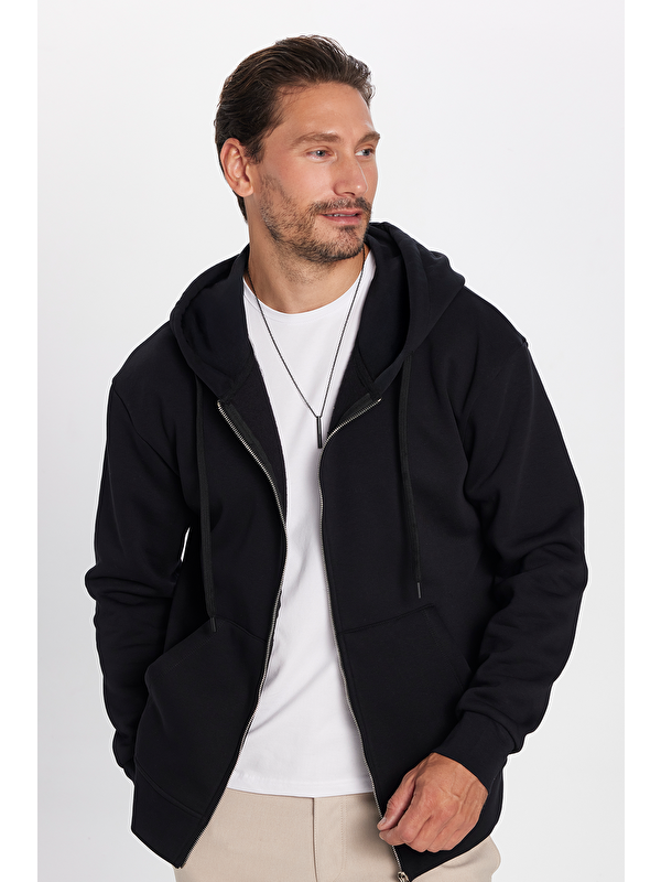 TUDORS Unisex Relax Fit Rahat Kesim Pamuklu İçi Polarlı Çift Cepli  Siyah Kapüşonlu Fermuarlı Sweatshirt