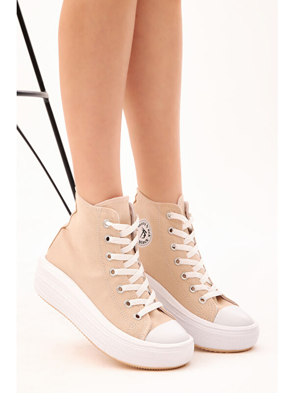 Kadın Bej Rahat Kalıp Kalın Tabanlı Uzun Spor Ayakkabı - Görsel 4