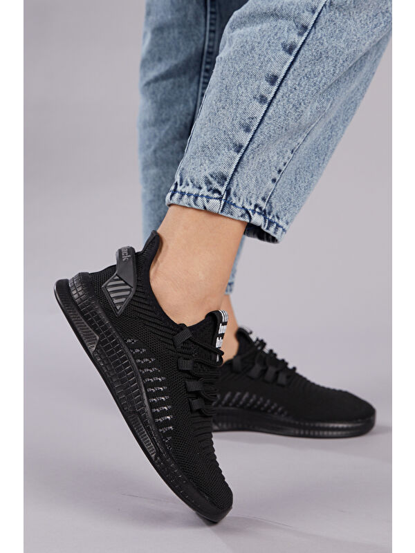 Unisex Siyah Poli Taban Tekstil Kumaş Bağcıklı Spor Ayakkabı - Görsel 3