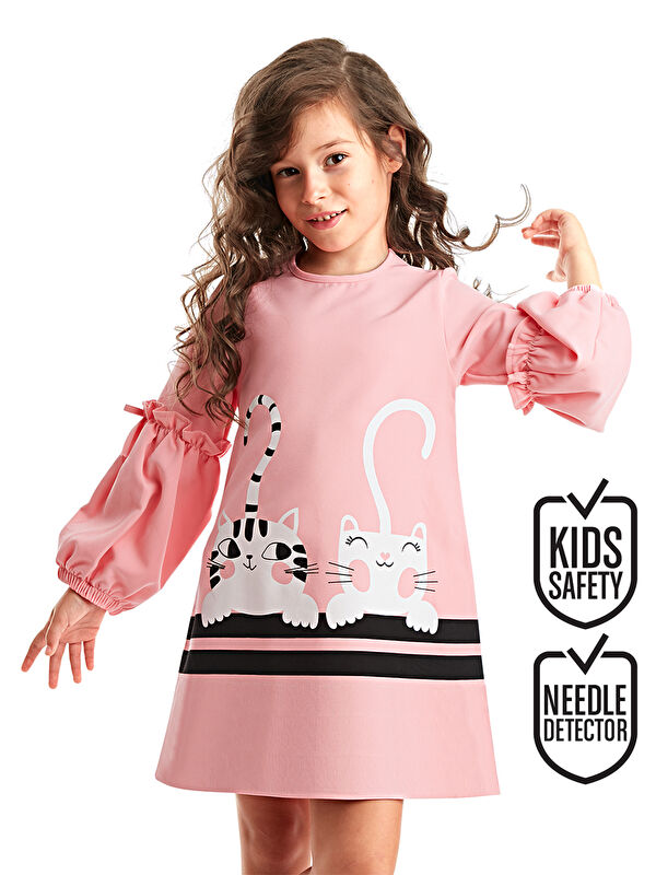 Denokids Cute Friends Kedi Kız Çocuk Dokuma Elbise