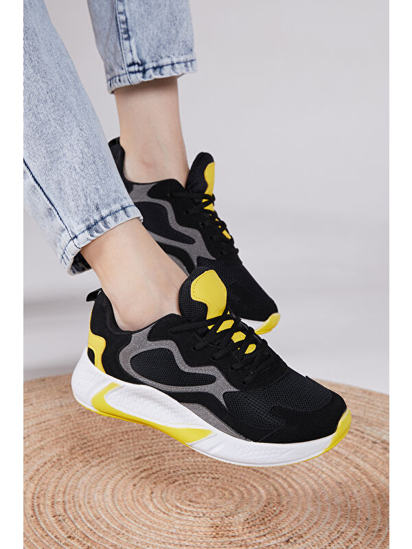Unisex Siyah Sarı Rahat Kalıp Yüksek Taban Bağcıklı Spor Ayakkabı - Görsel 3